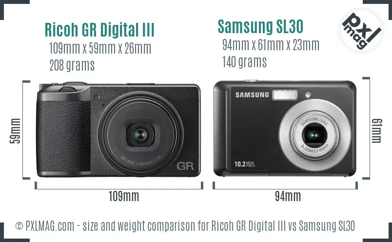Ricoh GR Digital III vs Samsung SL30 size comparison