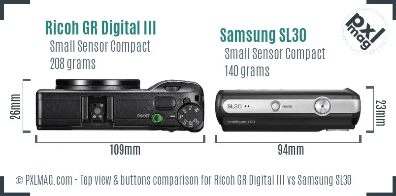 Ricoh GR Digital III vs Samsung SL30 top view buttons comparison