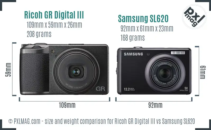 Ricoh GR Digital III vs Samsung SL620 size comparison