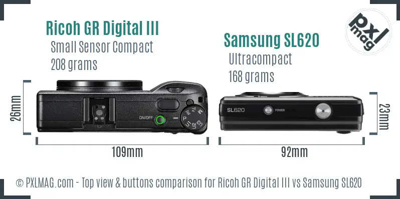 Ricoh GR Digital III vs Samsung SL620 top view buttons comparison