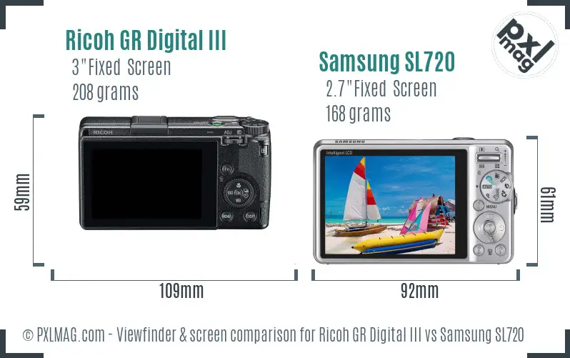 Ricoh GR Digital III vs Samsung SL720 Screen and Viewfinder comparison