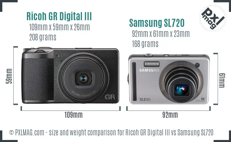 Ricoh GR Digital III vs Samsung SL720 size comparison