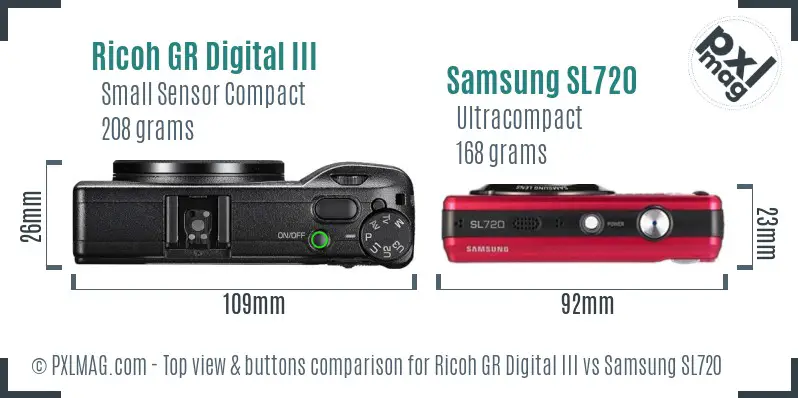 Ricoh GR Digital III vs Samsung SL720 top view buttons comparison