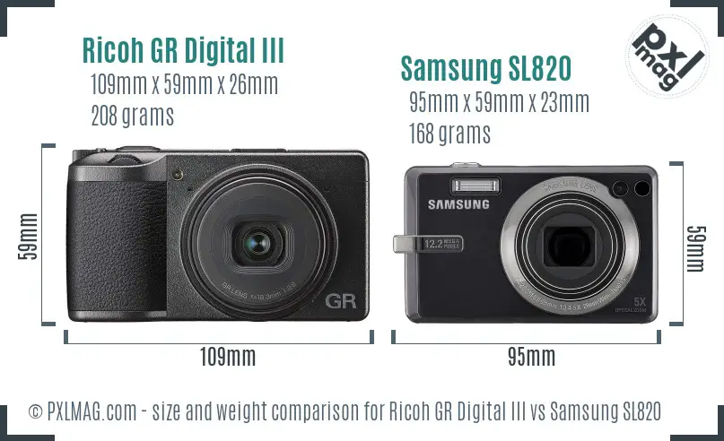 Ricoh GR Digital III vs Samsung SL820 size comparison