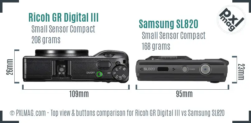 Ricoh GR Digital III vs Samsung SL820 top view buttons comparison