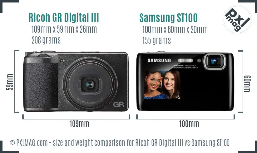 Ricoh GR Digital III vs Samsung ST100 size comparison