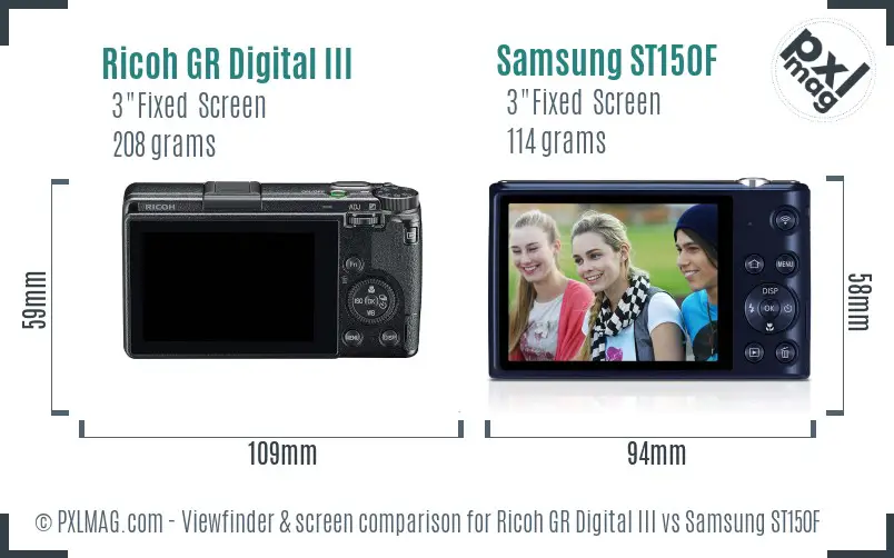 Ricoh GR Digital III vs Samsung ST150F Screen and Viewfinder comparison