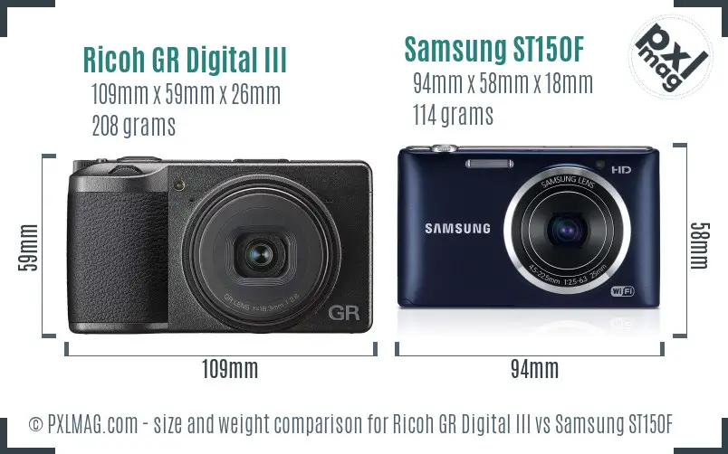 Ricoh GR Digital III vs Samsung ST150F size comparison