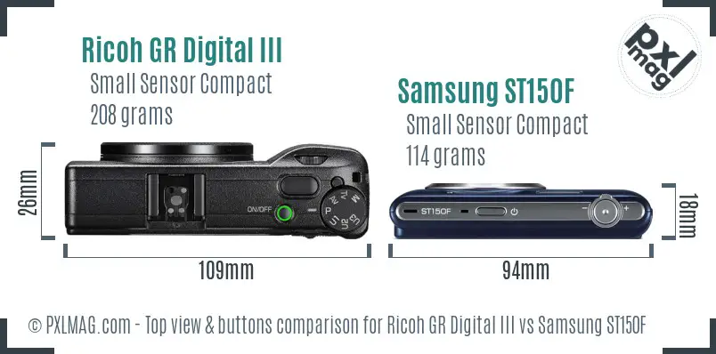 Ricoh GR Digital III vs Samsung ST150F top view buttons comparison