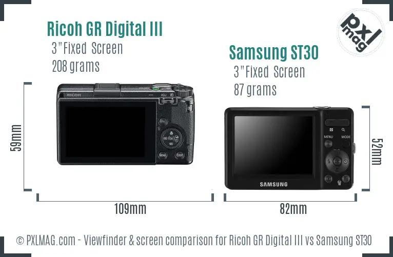 Ricoh GR Digital III vs Samsung ST30 Screen and Viewfinder comparison
