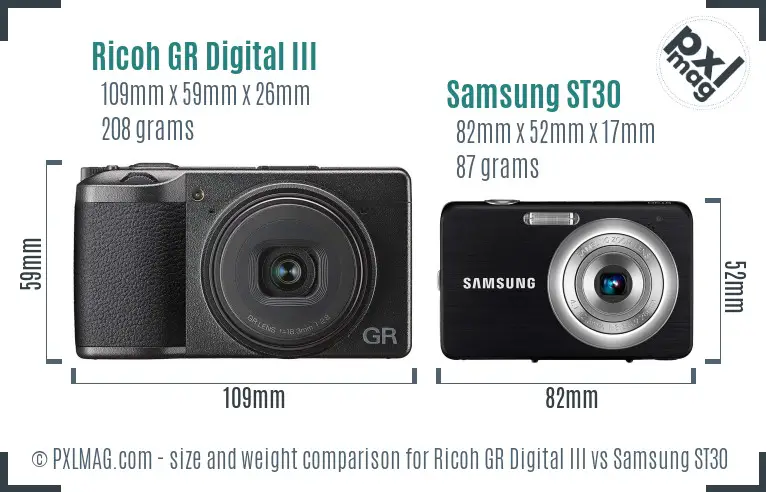 Ricoh GR Digital III vs Samsung ST30 size comparison