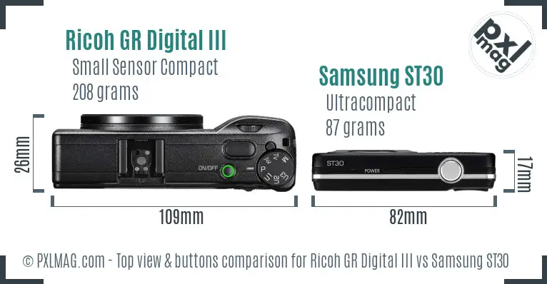Ricoh GR Digital III vs Samsung ST30 top view buttons comparison