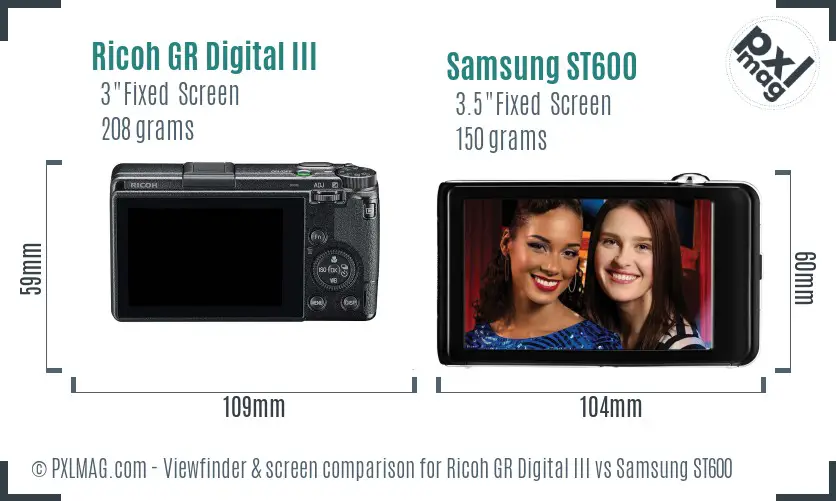 Ricoh GR Digital III vs Samsung ST600 Screen and Viewfinder comparison