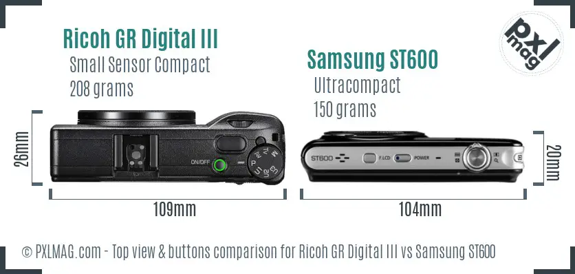 Ricoh GR Digital III vs Samsung ST600 top view buttons comparison