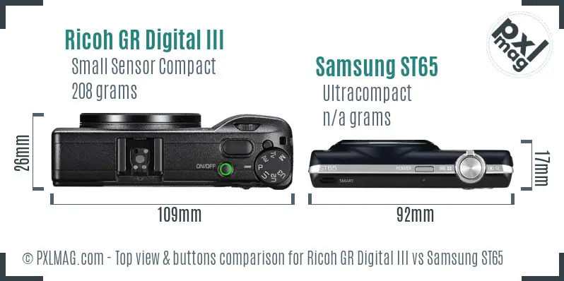 Ricoh GR Digital III vs Samsung ST65 top view buttons comparison