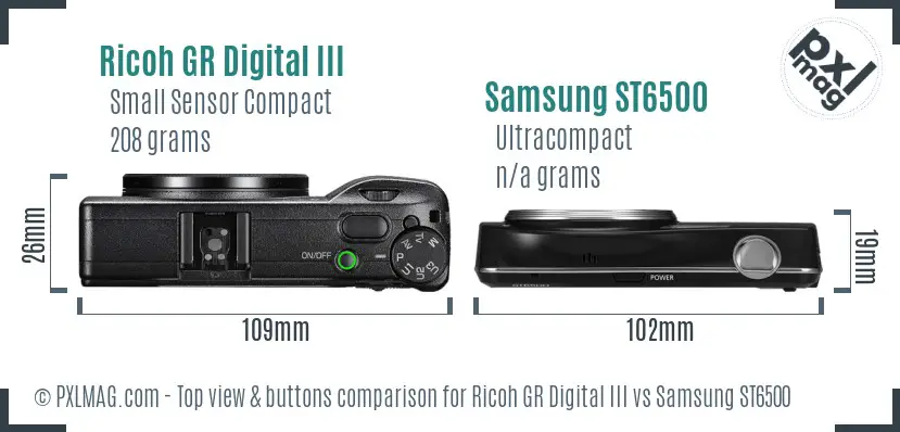 Ricoh GR Digital III vs Samsung ST6500 top view buttons comparison