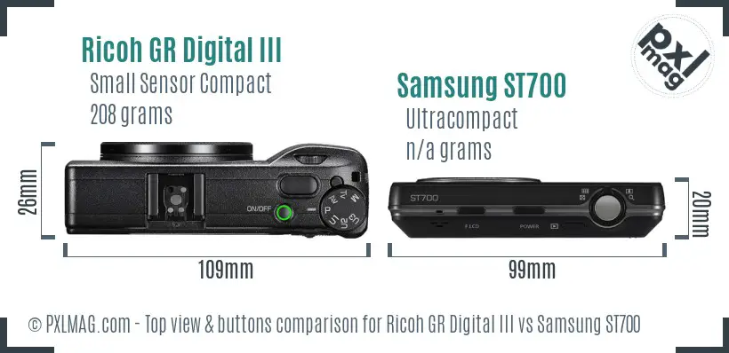 Ricoh GR Digital III vs Samsung ST700 top view buttons comparison