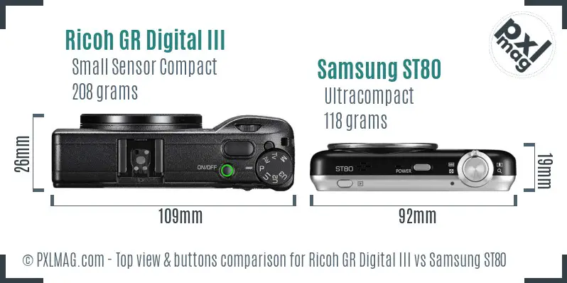 Ricoh GR Digital III vs Samsung ST80 top view buttons comparison