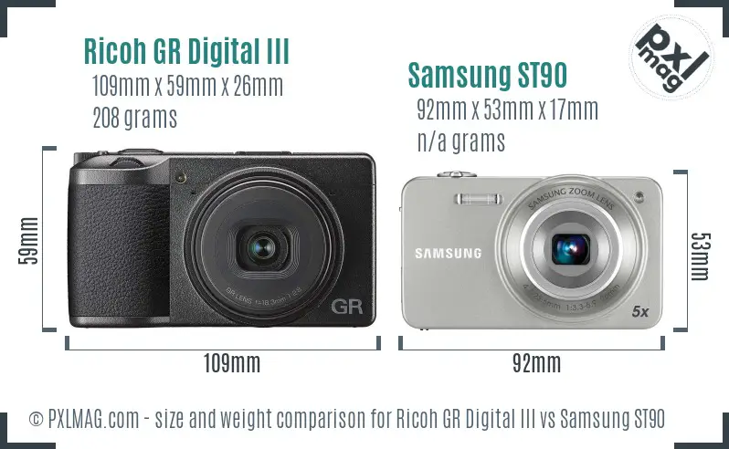 Ricoh GR Digital III vs Samsung ST90 size comparison