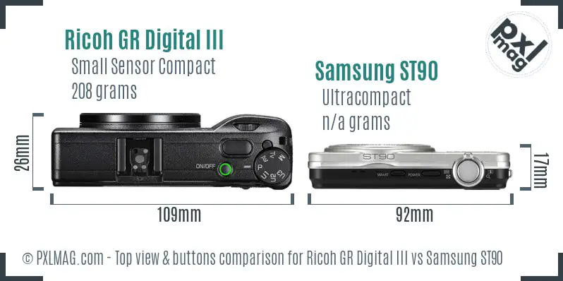 Ricoh GR Digital III vs Samsung ST90 top view buttons comparison