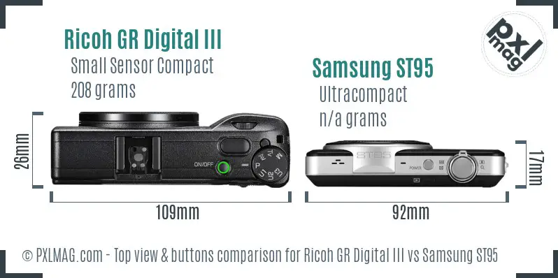 Ricoh GR Digital III vs Samsung ST95 top view buttons comparison