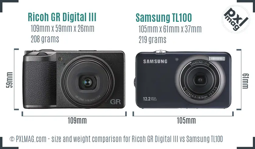 Ricoh GR Digital III vs Samsung TL100 size comparison