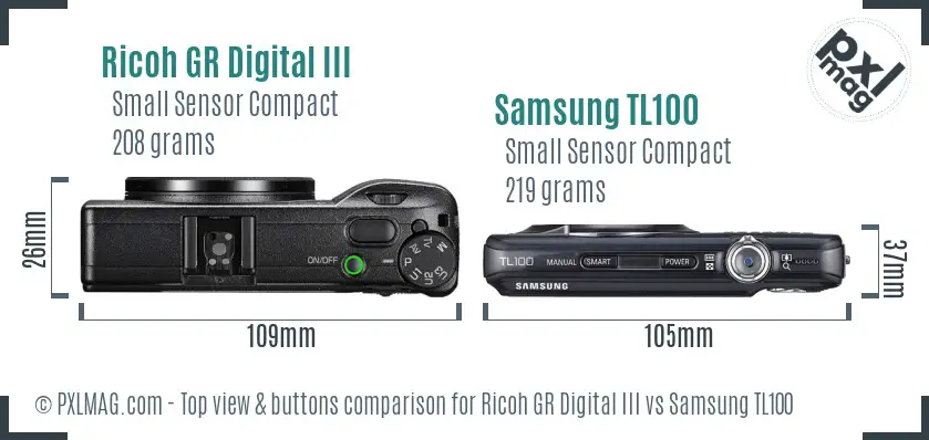 Ricoh GR Digital III vs Samsung TL100 top view buttons comparison