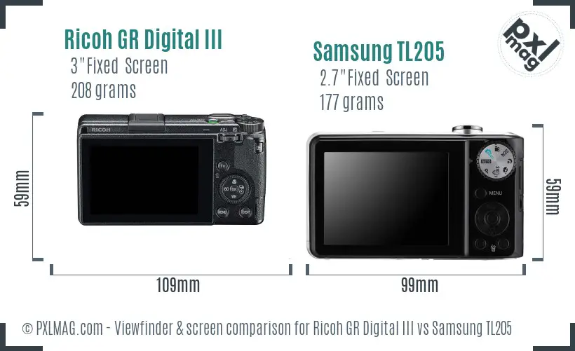 Ricoh GR Digital III vs Samsung TL205 Screen and Viewfinder comparison