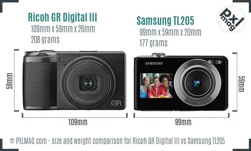 Ricoh GR Digital III vs Samsung TL205 size comparison