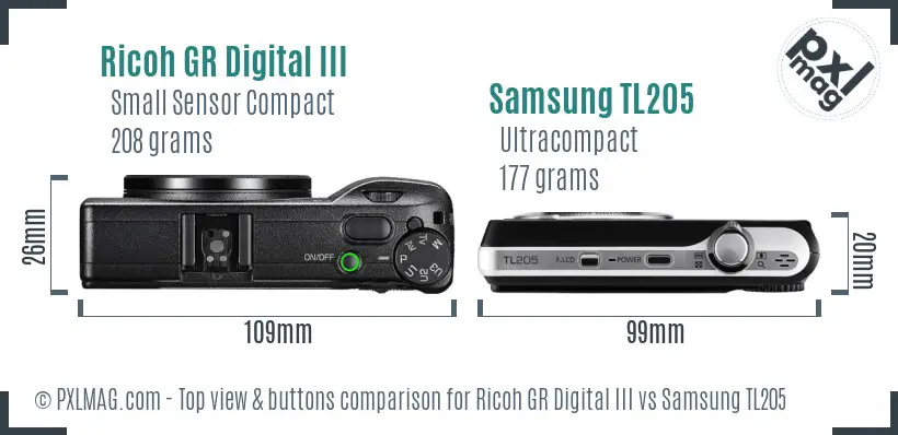 Ricoh GR Digital III vs Samsung TL205 top view buttons comparison