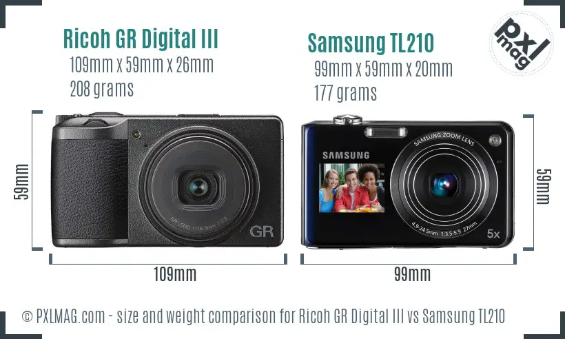Ricoh GR Digital III vs Samsung TL210 size comparison