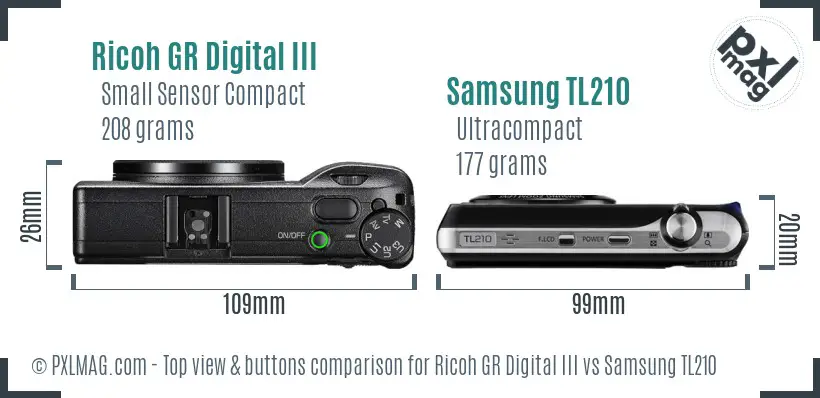 Ricoh GR Digital III vs Samsung TL210 top view buttons comparison