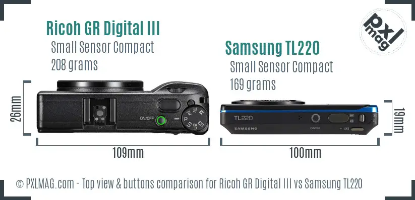 Ricoh GR Digital III vs Samsung TL220 top view buttons comparison