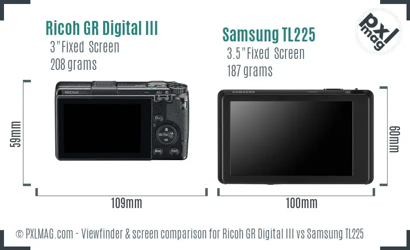Ricoh GR Digital III vs Samsung TL225 Screen and Viewfinder comparison