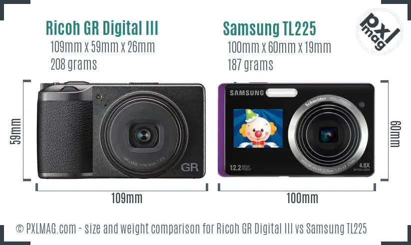 Ricoh GR Digital III vs Samsung TL225 size comparison