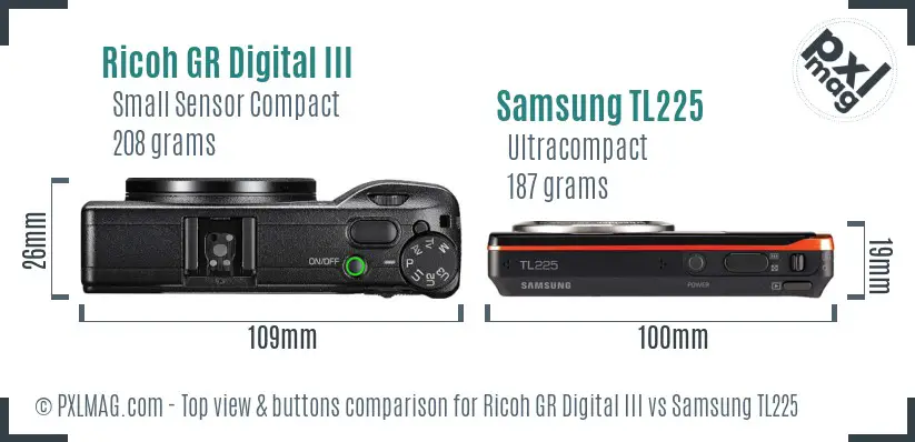 Ricoh GR Digital III vs Samsung TL225 top view buttons comparison