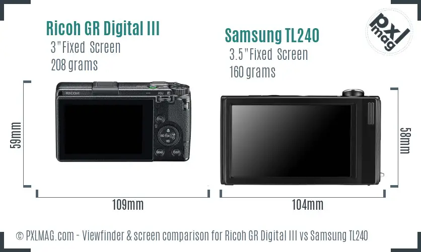 Ricoh GR Digital III vs Samsung TL240 Screen and Viewfinder comparison
