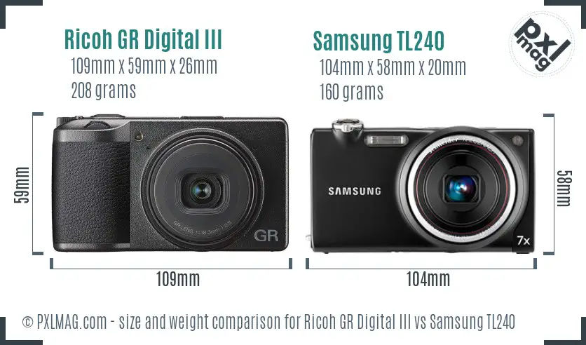 Ricoh GR Digital III vs Samsung TL240 size comparison
