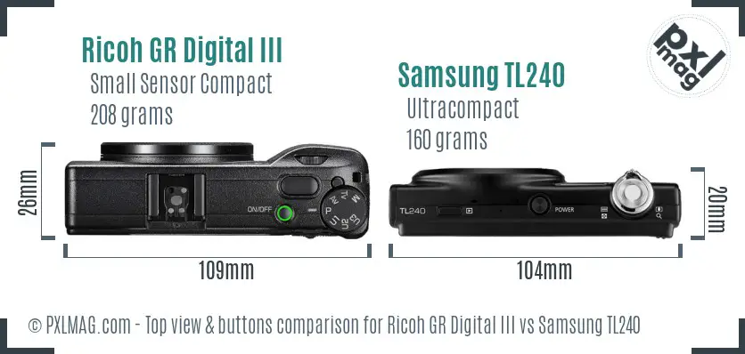 Ricoh GR Digital III vs Samsung TL240 top view buttons comparison