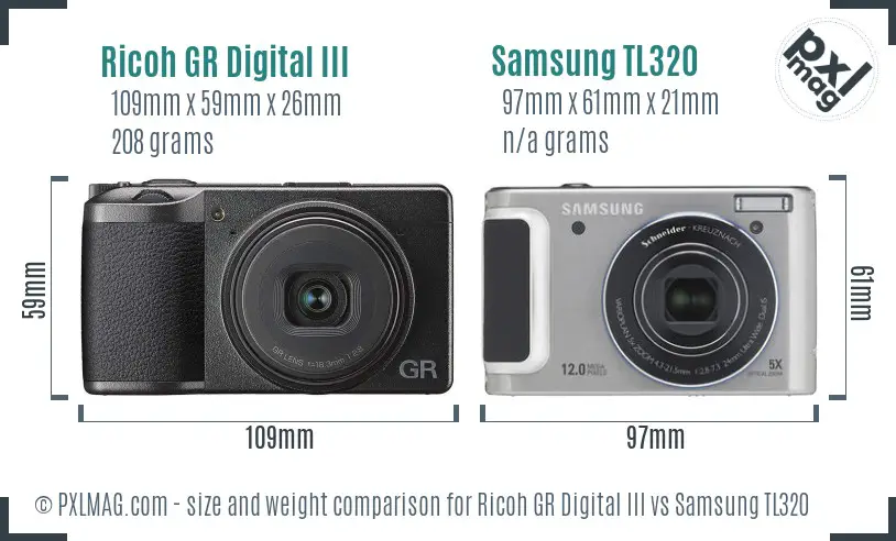 Ricoh GR Digital III vs Samsung TL320 size comparison