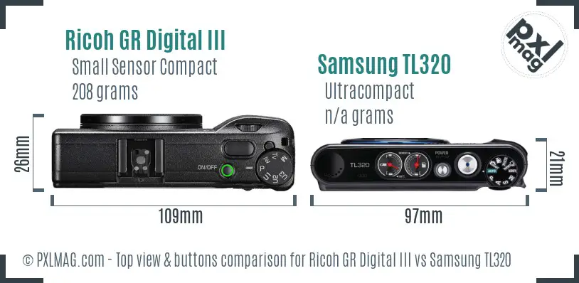 Ricoh GR Digital III vs Samsung TL320 top view buttons comparison