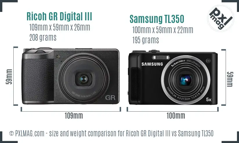 Ricoh GR Digital III vs Samsung TL350 size comparison