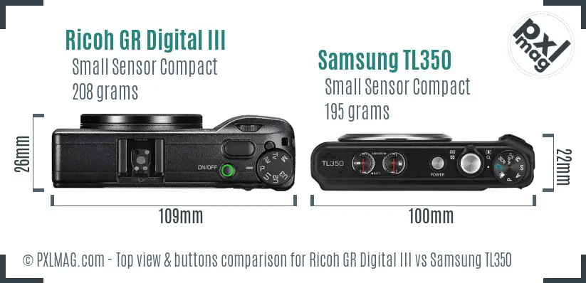 Ricoh GR Digital III vs Samsung TL350 top view buttons comparison