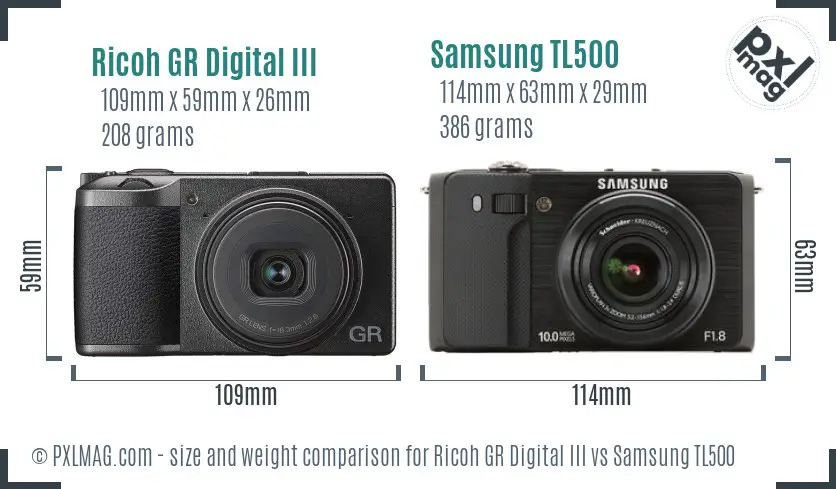 Ricoh GR Digital III vs Samsung TL500 size comparison