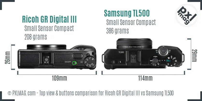 Ricoh GR Digital III vs Samsung TL500 top view buttons comparison