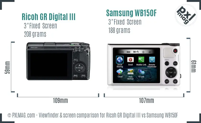 Ricoh GR Digital III vs Samsung WB150F Screen and Viewfinder comparison
