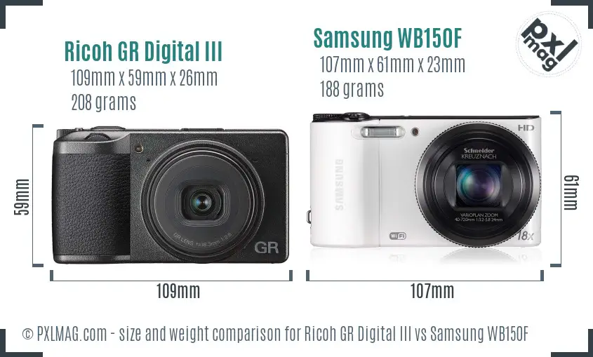 Ricoh GR Digital III vs Samsung WB150F size comparison