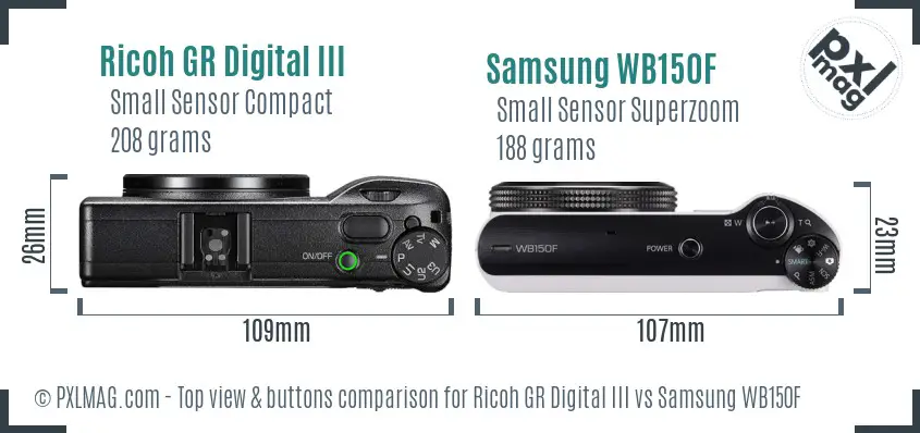 Ricoh GR Digital III vs Samsung WB150F top view buttons comparison