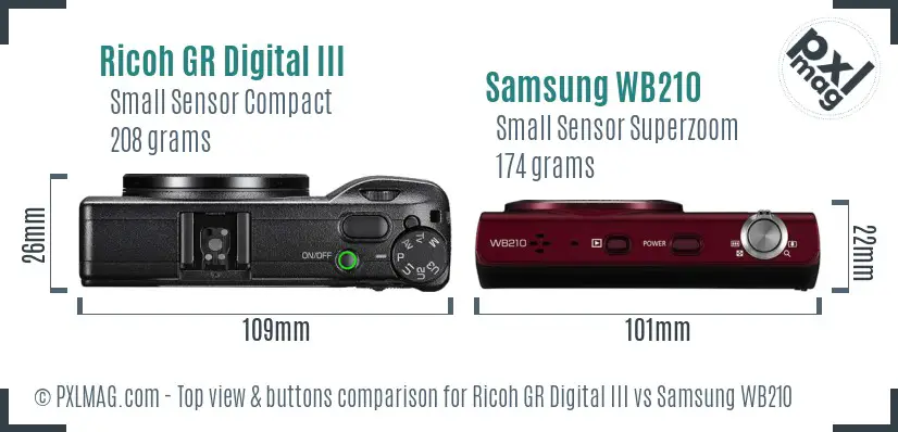 Ricoh GR Digital III vs Samsung WB210 top view buttons comparison