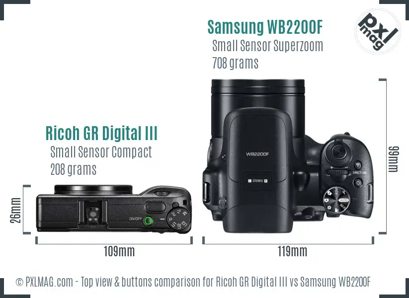 Ricoh GR Digital III vs Samsung WB2200F top view buttons comparison